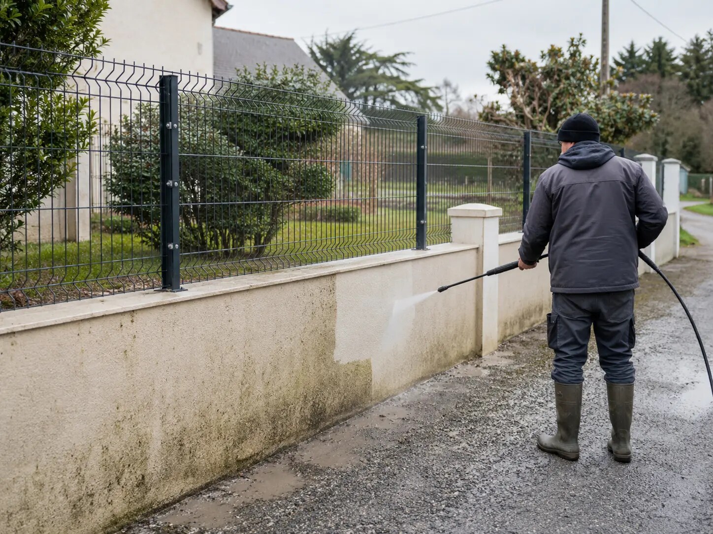 Nettoyage soigné d'un muret extérieur sans visage visible